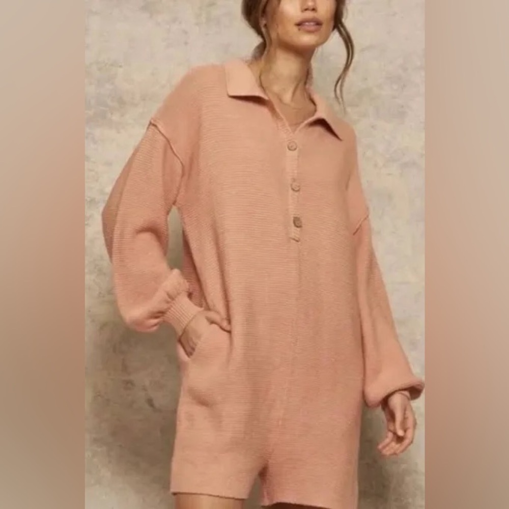 Promesa Button Romper chunky knit polo collar button‎ down long sleeve crotchet - Picture 2 of 14